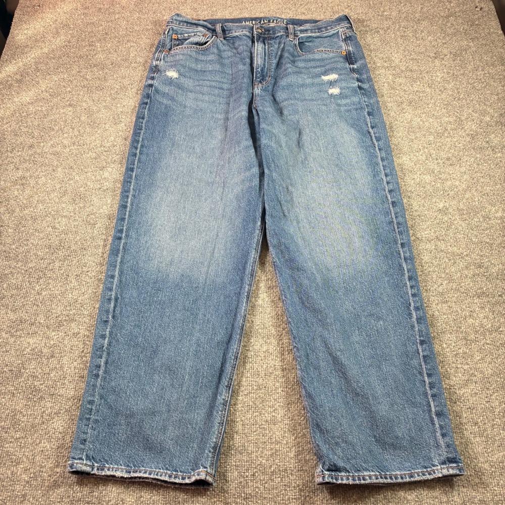 American Eagle Strigid Super High Rise Baggy Straight Jeans Womens 16 Blue